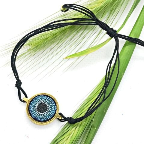 Micro Mosaic Evil Eye Charm Silver Thread Bracelet