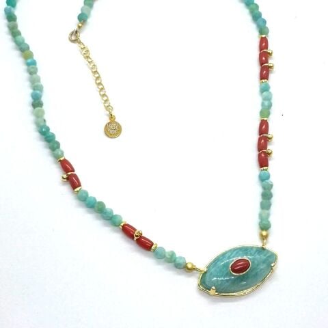 Amazonit Mercan Taşlı Nazarlık Göz Altın Kaplama Kolye