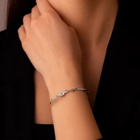 Çapraz Nokta Detaylı Dövülü  Gümüş Bileklik